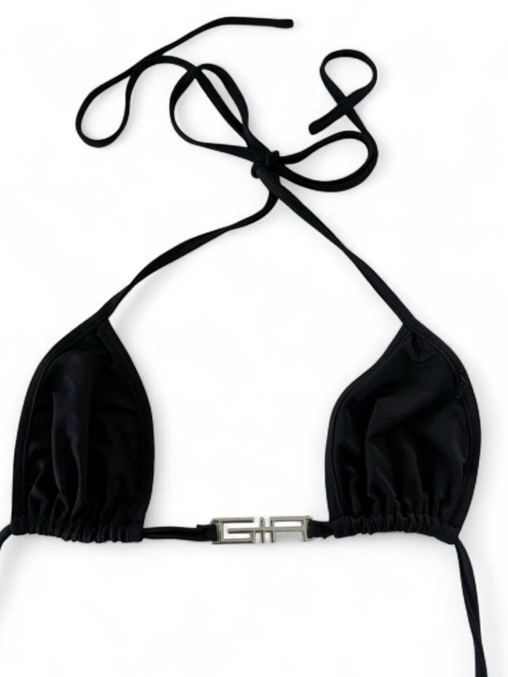 I.AM.GIA Black Triangle Bikini Top with Silver Logo Accent